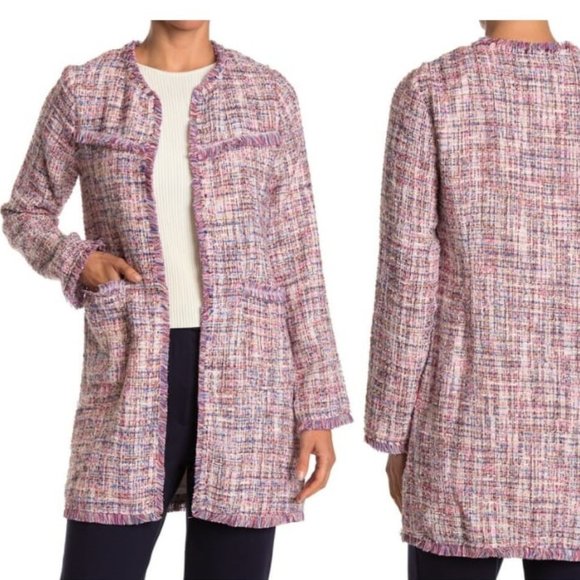 Laundry By Shelli Segal Jackets & Blazers - Womens Jacket Laundry Shelli Segal Tunic Pink Multi Knit Fringe Hem Size Medium